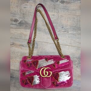 Gucci Fuchsia Velvet GG Marmont Limited Edition Heart Embellishments